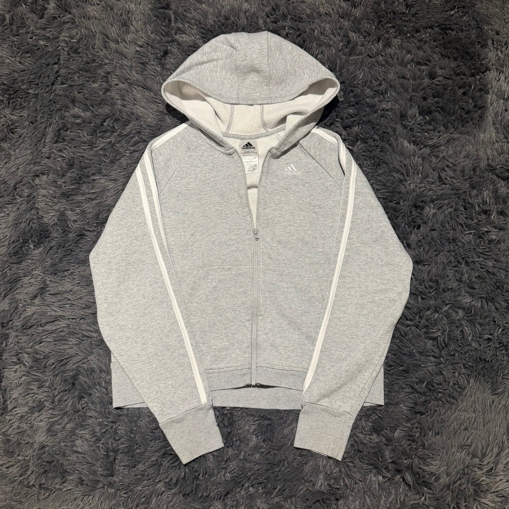 Adidas Kids XL Gray Full Zip Hoodie 3-Stripe Fleece Sweatshirt AP4560